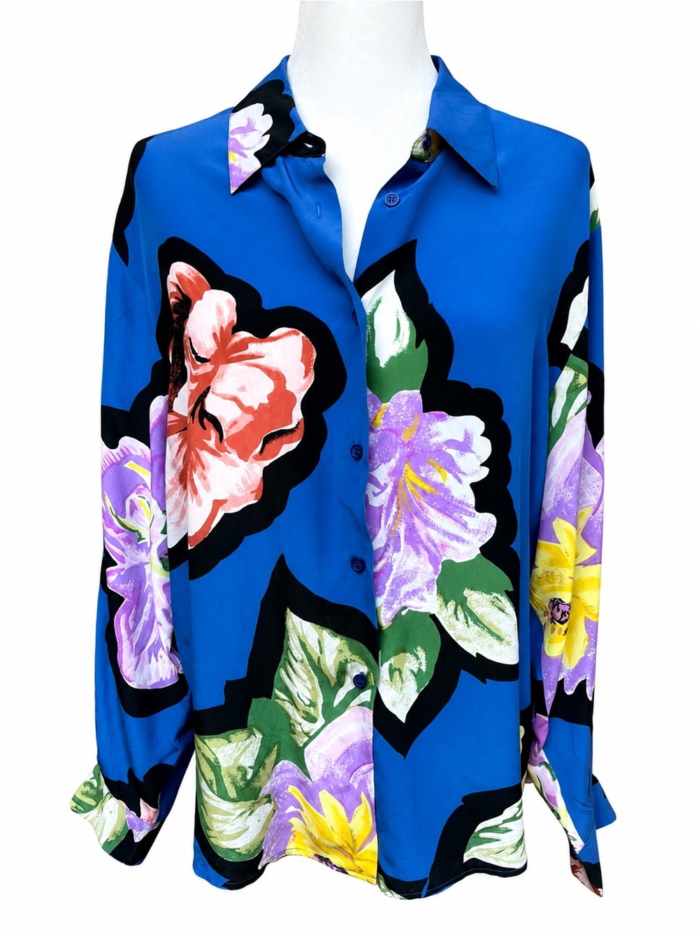 Together! 100% Silk Blue Oversized Floral Button Front Blouse Medium